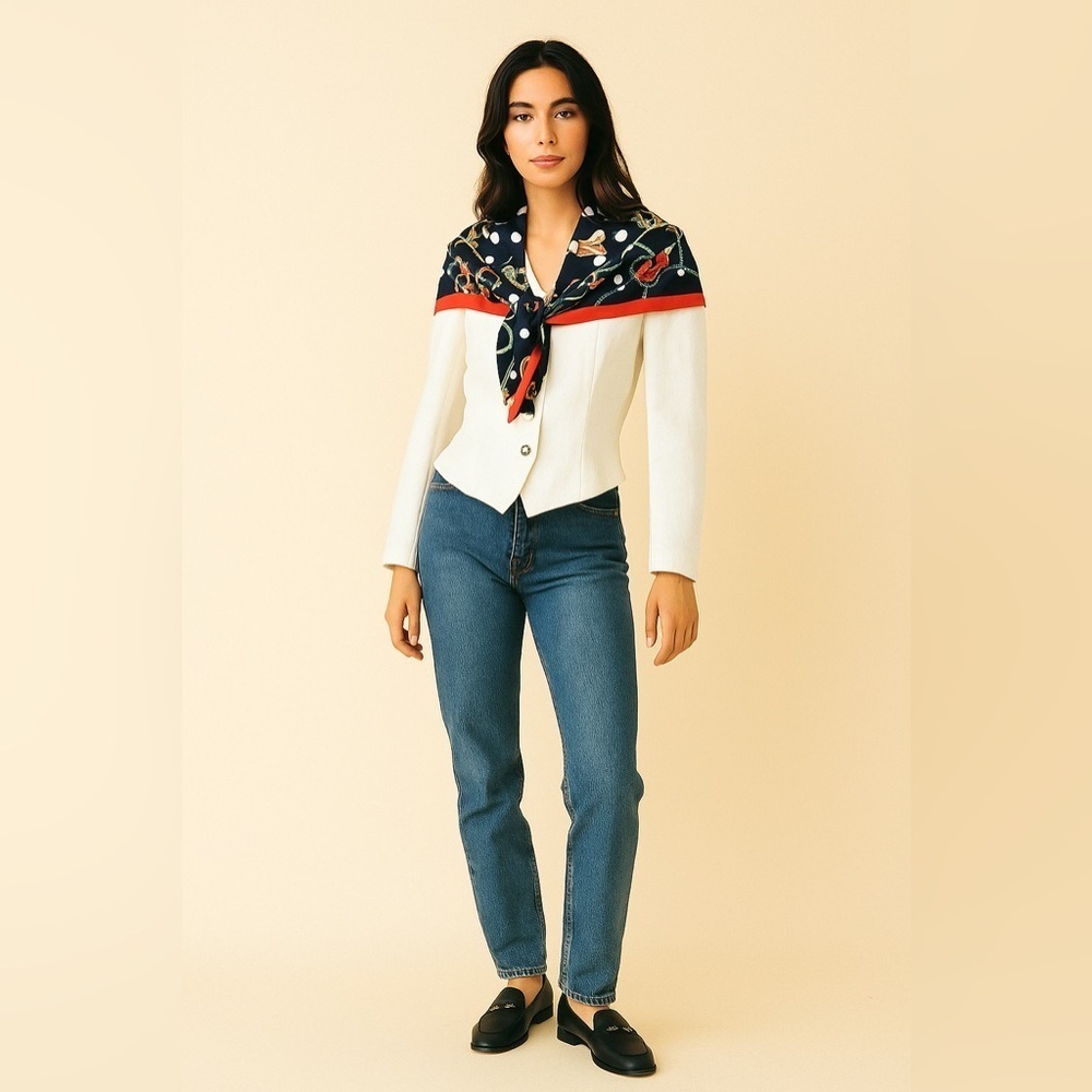 VTG 80s Donna Morgan for Non Stop White Nautical Blazer w/ attached Scarf sz 12